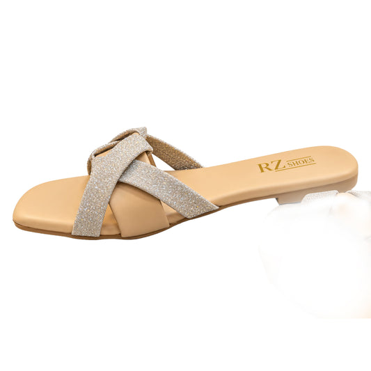 Gold Glitter Cross-Strap Flat Sandals