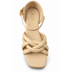 Beige Braided Strap Flat Sandals with Gold Buckle