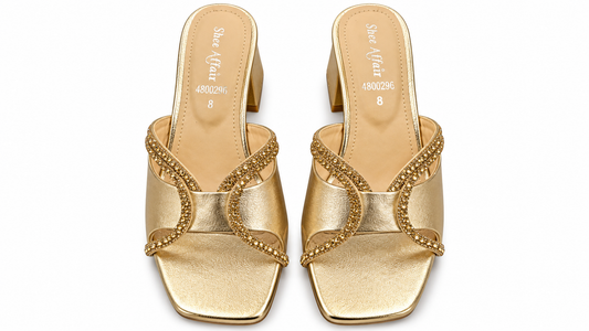 Women's Golden Heeled Mules | Premium Rhinestone Party Wear Sandals