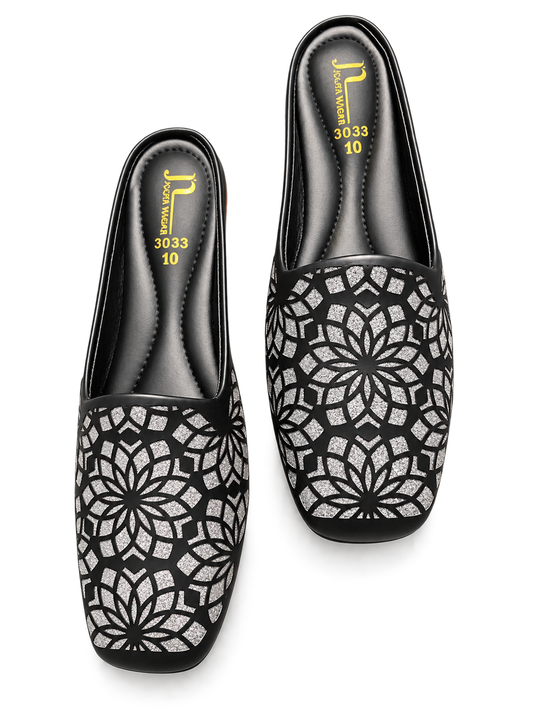 Laser Cut Floral Glitter Ladies Mules Golden Beige Sizes 6 7 8 9 10