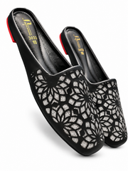 Laser Cut Floral Glitter Ladies Mules Golden Beige Sizes 6 7 8 9 10