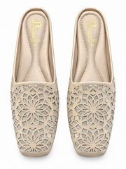 Laser Cut Floral Glitter Ladies Mules Golden Beige Sizes 6 7 8 9 10