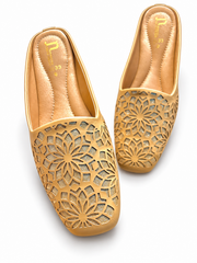 Laser Cut Floral Glitter Ladies Mules Golden Beige Sizes 6 7 8 9 10