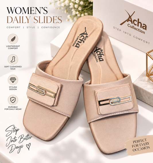 Elegant Buckle Comfort Slides – Beige