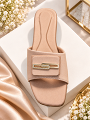 Elegant Buckle Comfort Slides β Beige