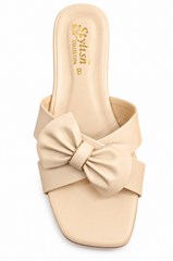 Women's Bow Knot Mule Sandals | Elegant Square-Toe Flat Slides