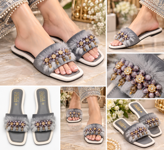 Premium Grey Fur Pearl Embellished Fancy Ladies Slides