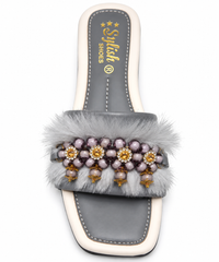 Premium Grey Fur Pearl Embellished Fancy Ladies Slides
