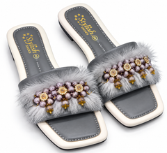 Premium Grey Fur Pearl Embellished Fancy Ladies Slides