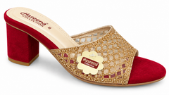 Red Velvet Gold Embellished Block Heel Mule | Fancy Party Wear Sandals