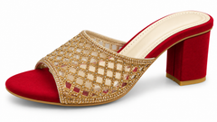 Red Velvet Gold Embellished Block Heel Mule | Fancy Party Wear Sandals