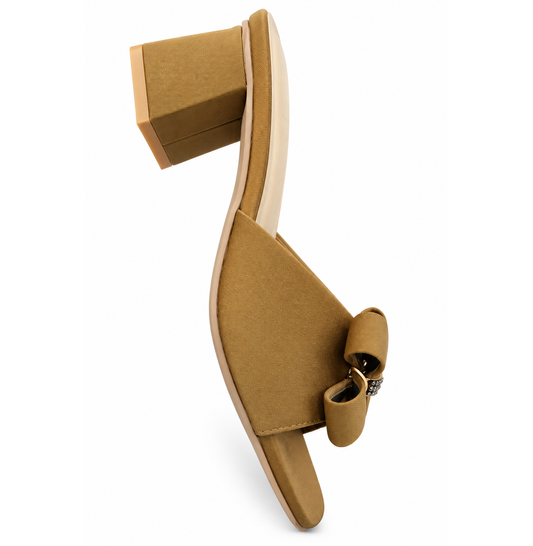 Khaki Bow Sandals | Elegant Block Heel Mule Slides SHOP WITH CONFIDENCE! Size Issue? No Worries! Easy Exchange Available