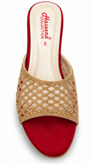 Red Velvet Gold Embellished Block Heel Mule | Fancy Party Wear Sandals