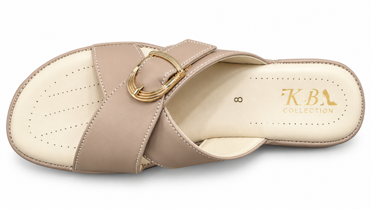 KBA Collection Women's Premium Taupe Buckle Slide Sandals | Elegant Casual & Party Wear