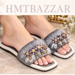 Premium Grey Fur Pearl Embellished Fancy Ladies Slides