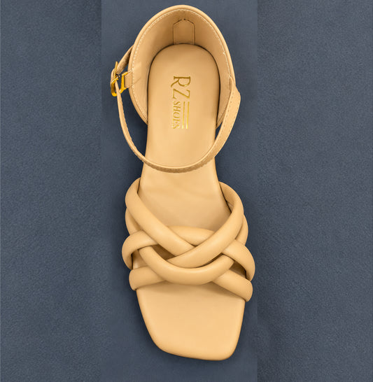 Beige Braided Strap Flat Sandals with Gold Buckle