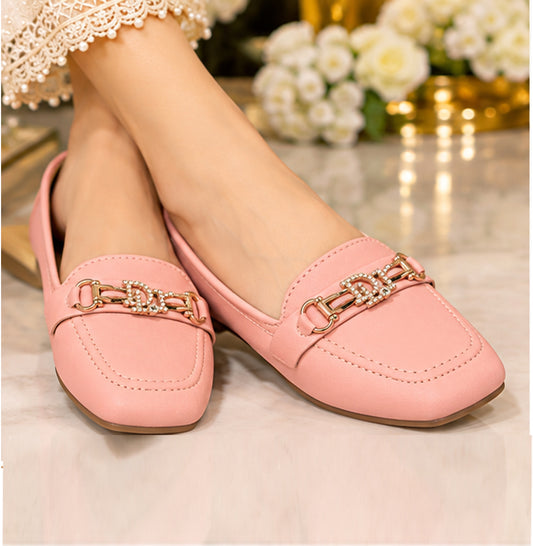 Pink Loafers | Elegant Golden Pearl Buckle Flat Shoes