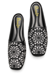 Laser Cut Floral Glitter Ladies Mules Golden Beige Sizes 6 7 8 9 10