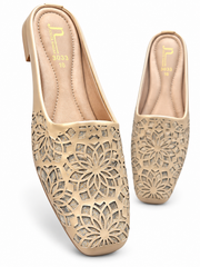 Laser Cut Floral Glitter Ladies Mules Golden Beige Sizes 6 7 8 9 10