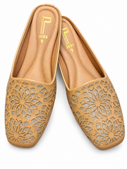 Laser Cut Floral Glitter Ladies Mules Golden Beige Sizes 6 7 8 9 10
