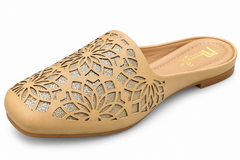 Laser Cut Floral Glitter Ladies Mules Golden Beige Sizes 6 7 8 9 10