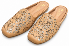 Laser Cut Floral Glitter Ladies Mules Golden Beige Sizes 6 7 8 9 10