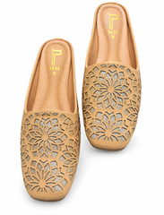 Laser Cut Floral Glitter Ladies Mules Golden Beige Sizes 6 7 8 9 10