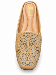 Laser Cut Floral Glitter Ladies Mules Golden Beige Sizes 6 7 8 9 10