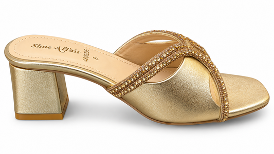 Women's Golden Heeled Mules | Premium Rhinestone Party Wear Sandals