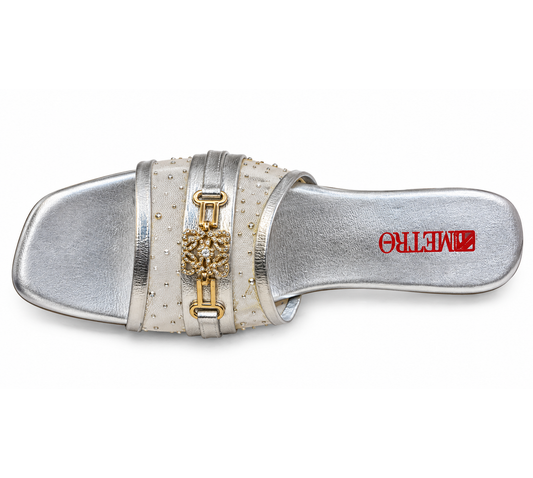 Silver Embellished Ladies Slide Sandals with Golden Rhinestone Detailing