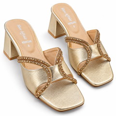 Women's Golden Heeled Mules | Premium Rhinestone Party Wear Sandals
