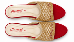 Red Velvet Gold Embellished Block Heel Mule | Fancy Party Wear Sandals