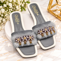 Premium Grey Fur Pearl Embellished Fancy Ladies Slides