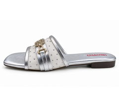 Silver Embellished Ladies Slide Sandals with Golden Rhinestone Detailing