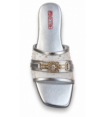 Silver Embellished Ladies Slide Sandals with Golden Rhinestone Detailing
