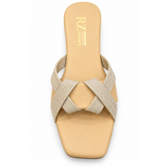 Gold Glitter Cross-Strap Flat Sandals SHOP WITH CONFIDENCE! Size Issue? No Worries! Easy Exchange Available